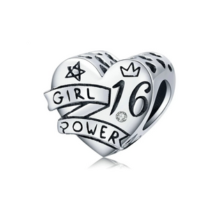 925 Sterling Silver 16 Girl Power Heart Bead Charm
