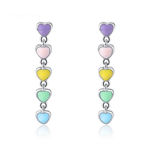 925 Sterling Silver Rainbow Colourful Enamel Heart Drop Earrings