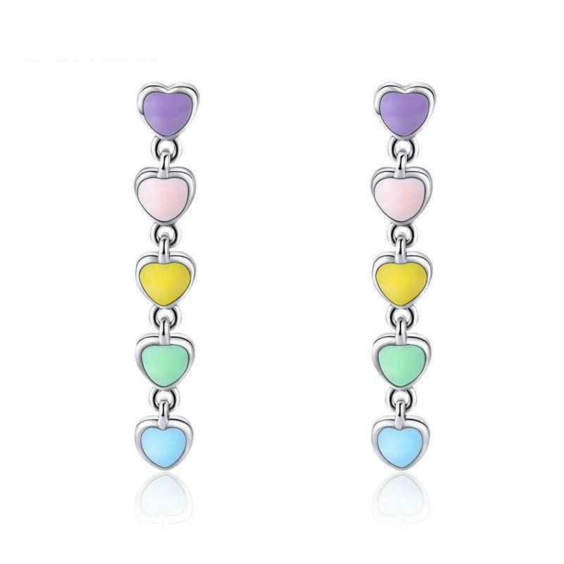 925 Sterling Silver Rainbow Colourful Enamel Heart Drop Earrings