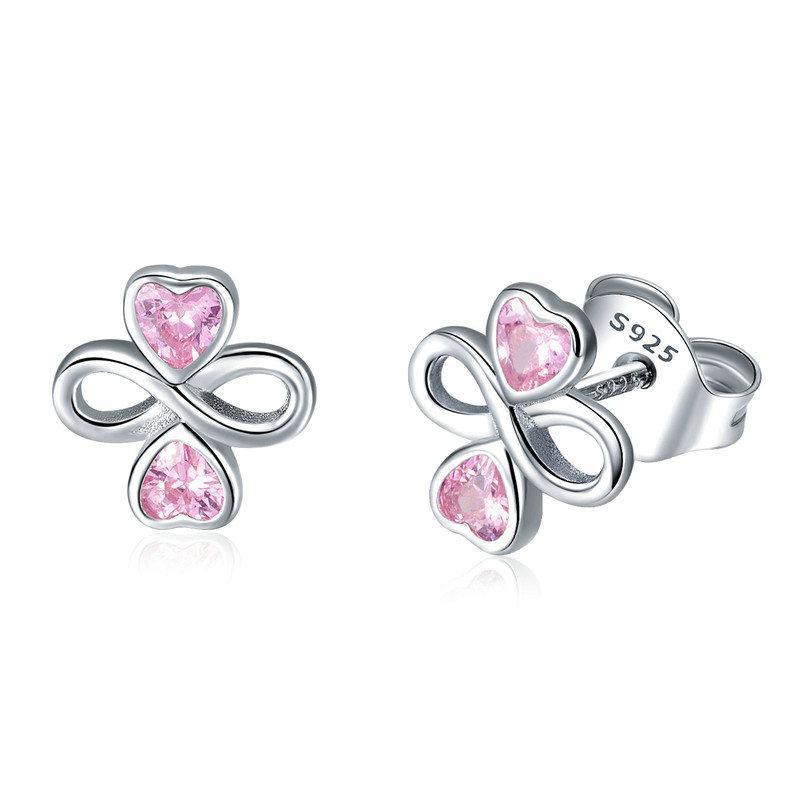 925 Sterling Silver Infinite Love Pink Heart Clover Small Stud Earrings