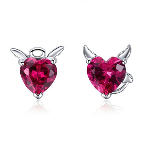 925 Sterling Silver Angel And Devil Pink CZ Heart Stud Earrings