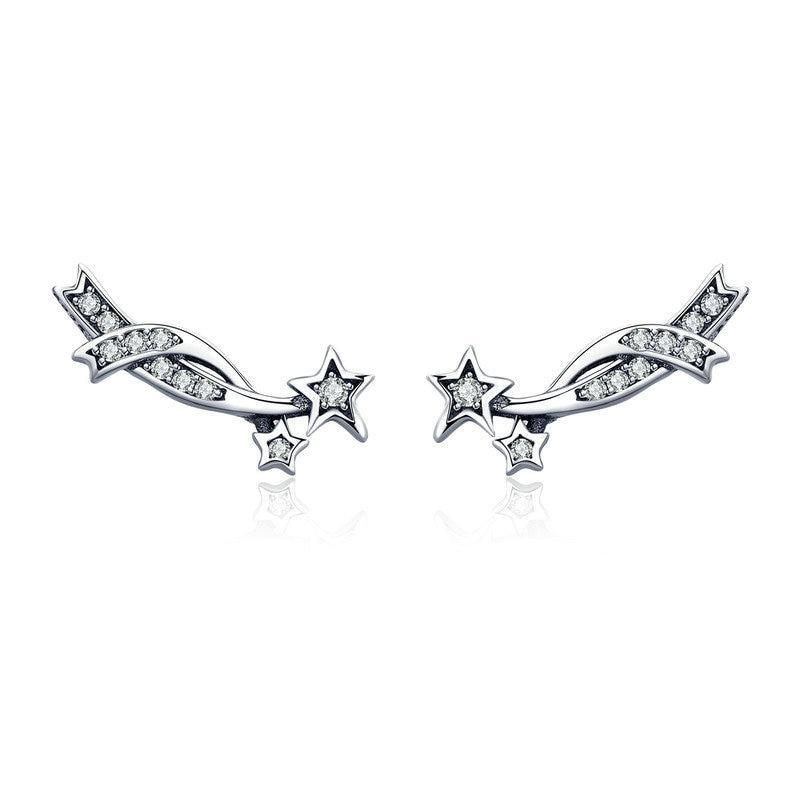 925 Sterling Silver Shining Meteor Star Clear CZ Stud Earrings