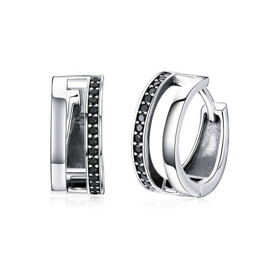 Simple Double Round Circle Black CZ Hoop Earrings