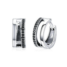 Load image into Gallery viewer, 925 Sterling Silver Simple Double Round Circle Black CZ Hoop Earrings