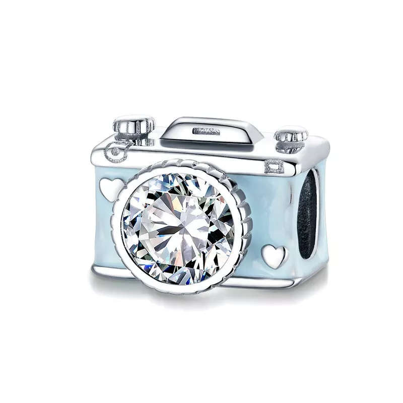 925 Sterling Silver CZ Blue Enamel Camera Bead Charm