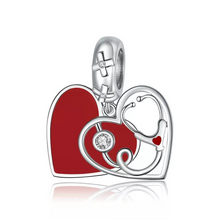 Load image into Gallery viewer, 925 Sterling Silver Red Enamel Stethoscope Heart Dangle Charm