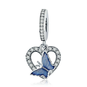 925 Sterling Silver CZ Blue Butterfly with Heart Dangle Charm
