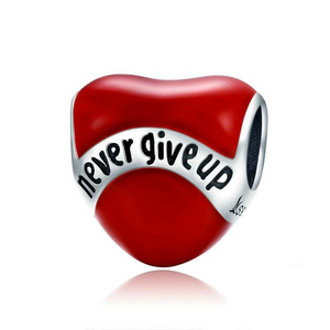 925 Sterling Silver Red Enamel "Never Give Up" Heart Bead Charm