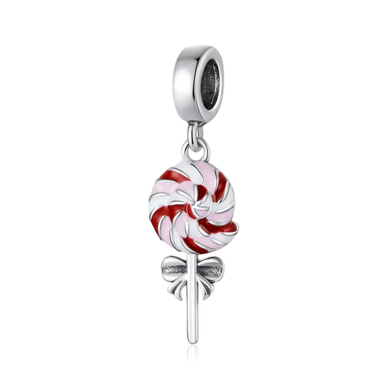 925 Sterling Silver Pink and Red Enamel Lollipop Dangle Charm