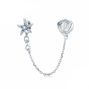 925 Sterling Silver Blue CZ Starfish and Shell SILICONE Safety Chain