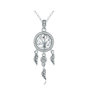 925 Sterling Silver Tree of Life Fashion Dream Catcher Pendant Necklace