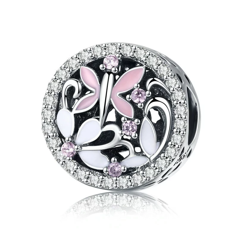 925 Sterling Silver CZ Pink and White Butterfly and Flower Motive Bead Charm