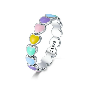 925 Sterling Silver Stackable Colourful Rainbow Enamel Hearts Ring