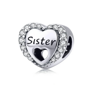 925 Sterling Silver CZ Sister Engraved Bead Charm