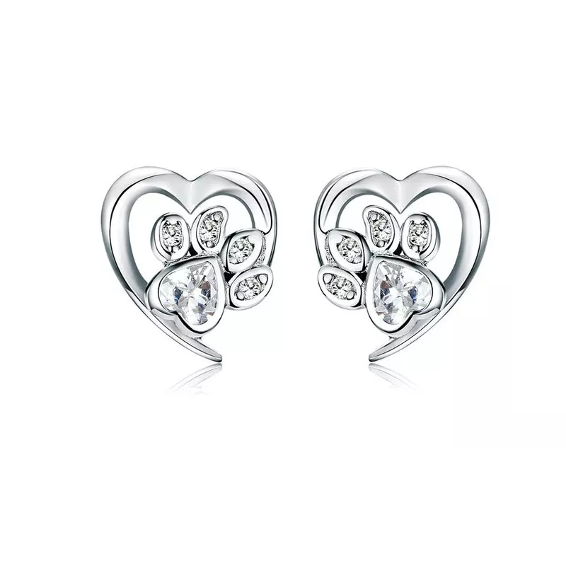 925 Sterling Silver CZ Paw Print Heart Stud Earrings