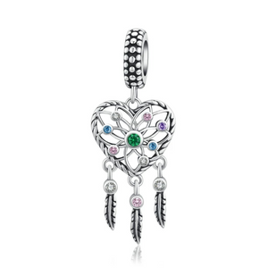925 Sterling Silver Colourful CZ Heart Shaped Dream Catcher Dangle Charm