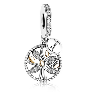 925 Sterling Silver Golden Leave Family Tree Dangle Charm