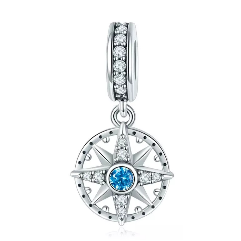 925 Sterling Silver CZ Blue Compass Dangle Charm