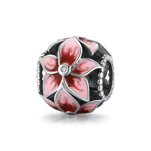 925 Sterling Silver Pink Frangipani Flower Ball Bead Charm