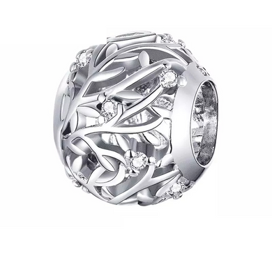 925 Sterling Silver CZ Leaf and Branch Bead Charm