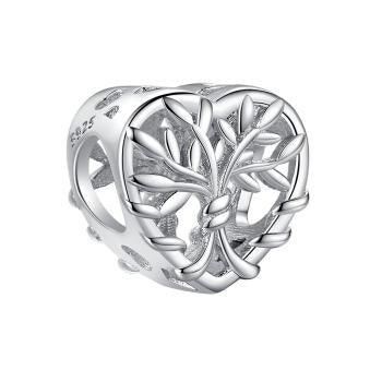 925 Sterling Silver Open Work Tree Of Life Heart Bead Charm