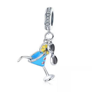 925 Sterling Silver Blue Enamel Cocktail and Sunglasses Dangle Charm