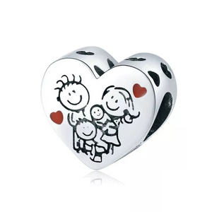 925 Sterling Silver Family of Four Heart Bead Charm