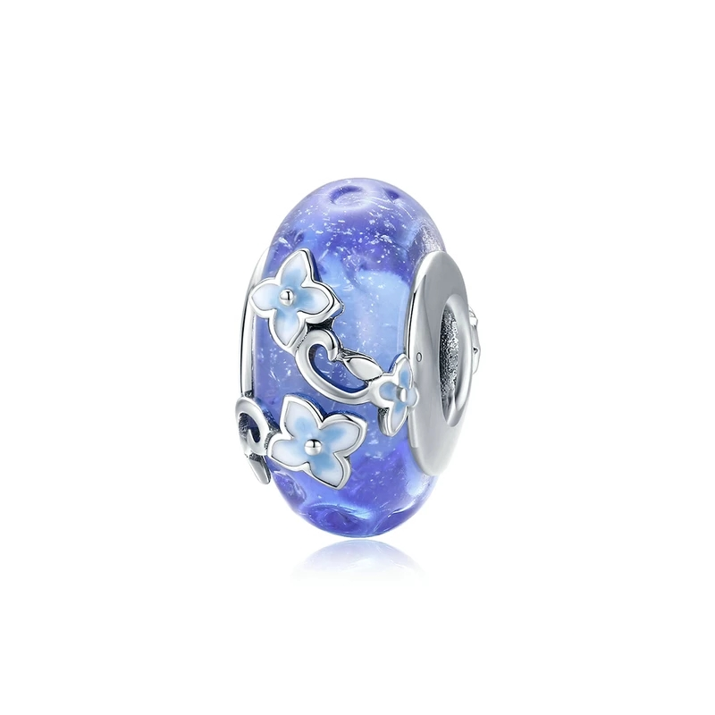 925 Sterling Silver Blue Flower Murano Glass Bead Charm