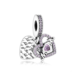 925 Sterling Silver Pink CZ Mom Heart Dangle Charm