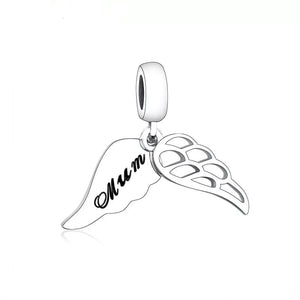 925 Sterling Silver Mum Engraved Angel Wing Dangle Charm