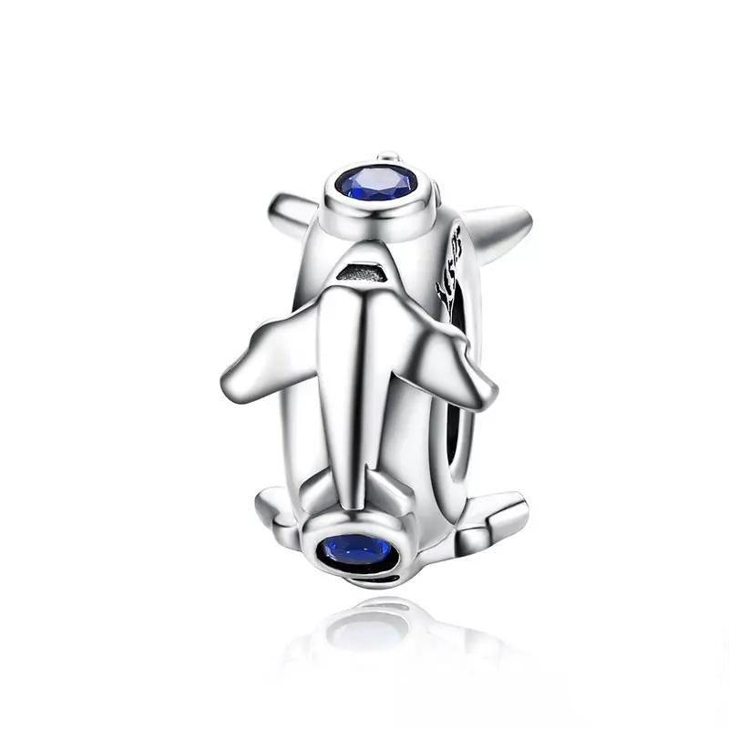 925 Sterling Silver Blue CZ Airplane Motive Spacer/Stopper
