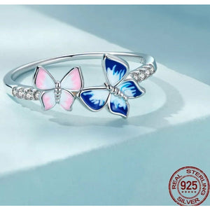925 Sterling Silver Pink and Blue Butterfly Ring