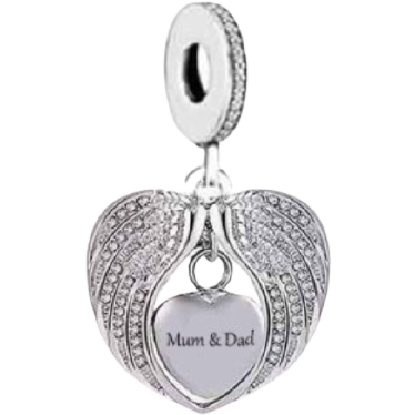 925 Sterling Silver Mom and Dad CZ Angel Wings Heart Dangle Charm
