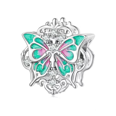 925 Sterling Silver Green and Pink Enamel Butterfly Bead Charm