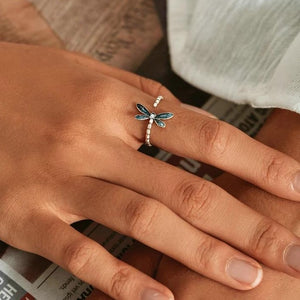 925 Sterling Silver Green Dragonfly Adjustable Ring