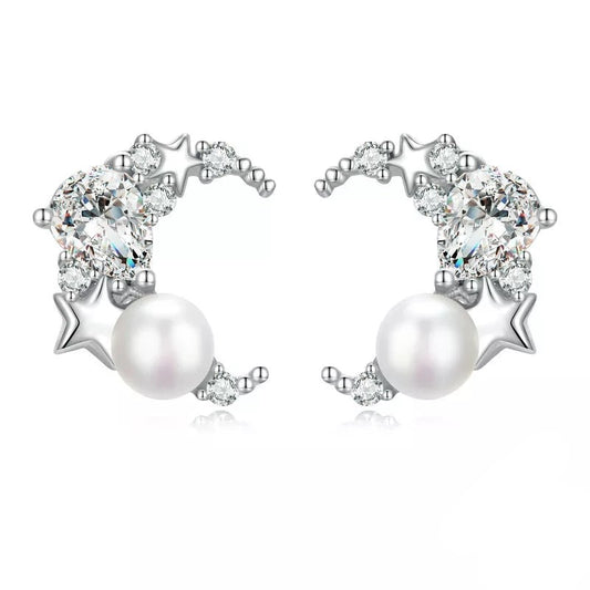 CZ Moon & Star Drop Stud Earrings