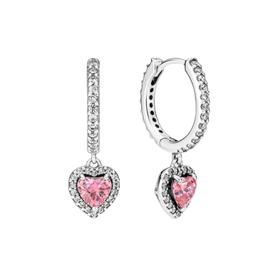 925 Sterling Silver Pink Cz Dangle Heart Hoop Earrings