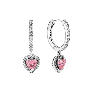 925 Sterling Silver Pink Cz Dangle Heart Hoop Earrings