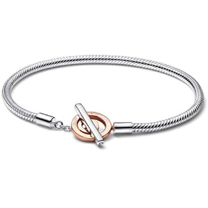 925 Sterling Silver Two-Tone Rose Gold PLATED Round Toggle Clasp Snake Bracelet
