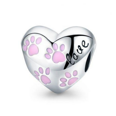 925 Sterling Silver Pink Paws Love Heart Bead Charm