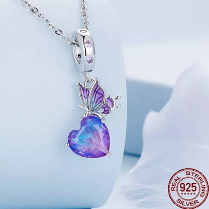 Purple CZ Heart and Butterfly Dangle Charm