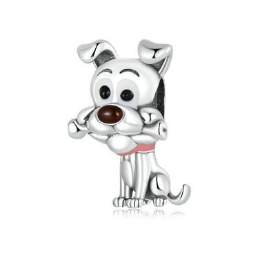 925 Sterling Silver Cute Dog With A Bone Bead Charm