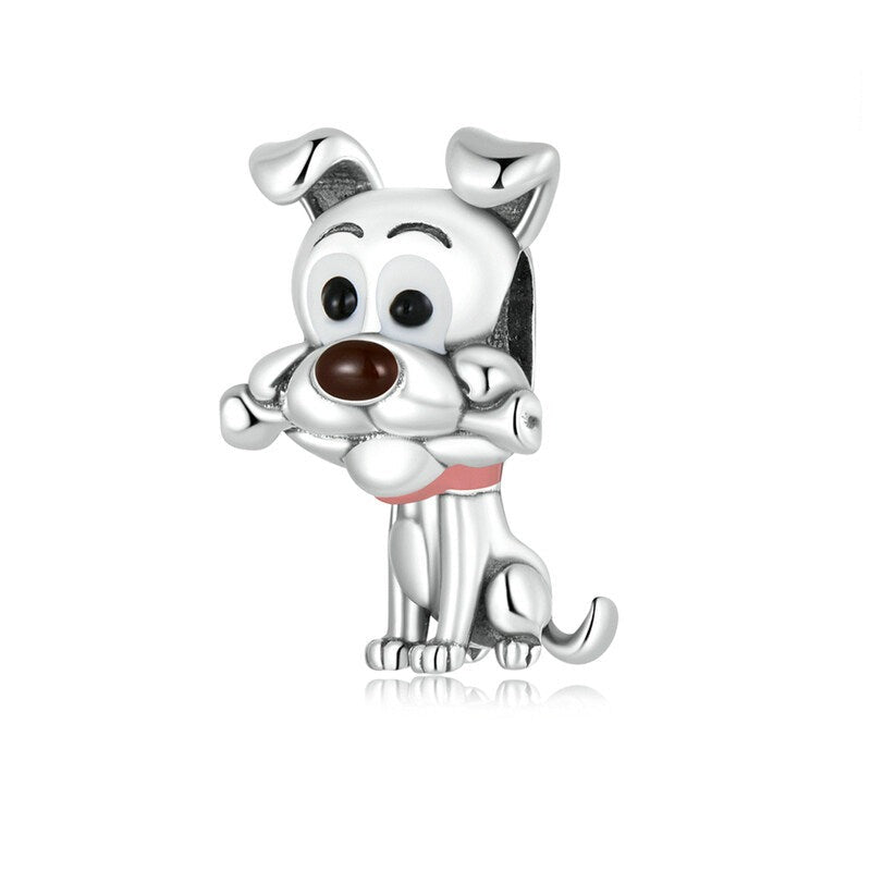 925 Sterling Silver Cute Dog With A Bone Bead Charm