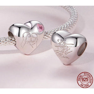 925 Sterling Silver Mom and Child Heart Bead Charm