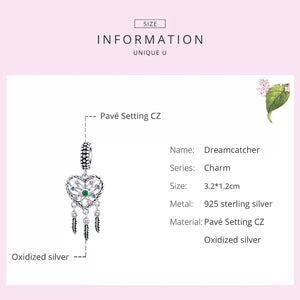 925 Sterling Silver Colourful CZ Heart Shaped Dream Catcher Dangle Charm