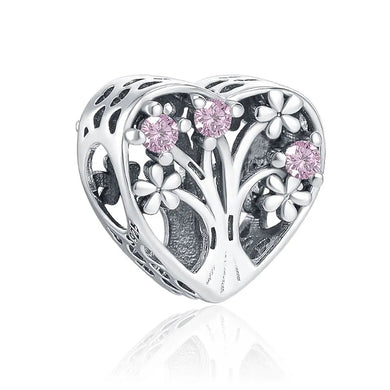 925 Sterling Silver Pink CZ Family Tree of Life Heart Bead Charm
