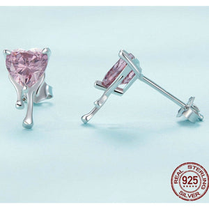 925 Sterling Silver Pink CZ Dripping with Love Heart Earrings