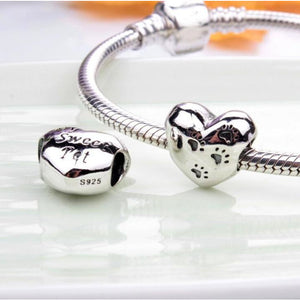 925 Sterling Silver My Sweet Pet Paw Prints Heart Bead Charm
