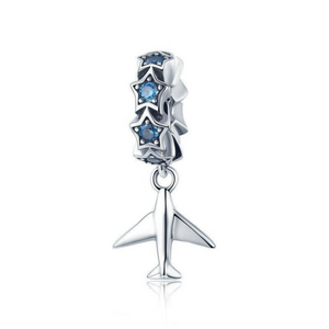 925 Sterling Silver Dazzling Blue CZ Stars and Plane Dangle Charms