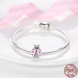 925 Sterling Silver Pink Enamel and CZ Ladybird Bead Charm